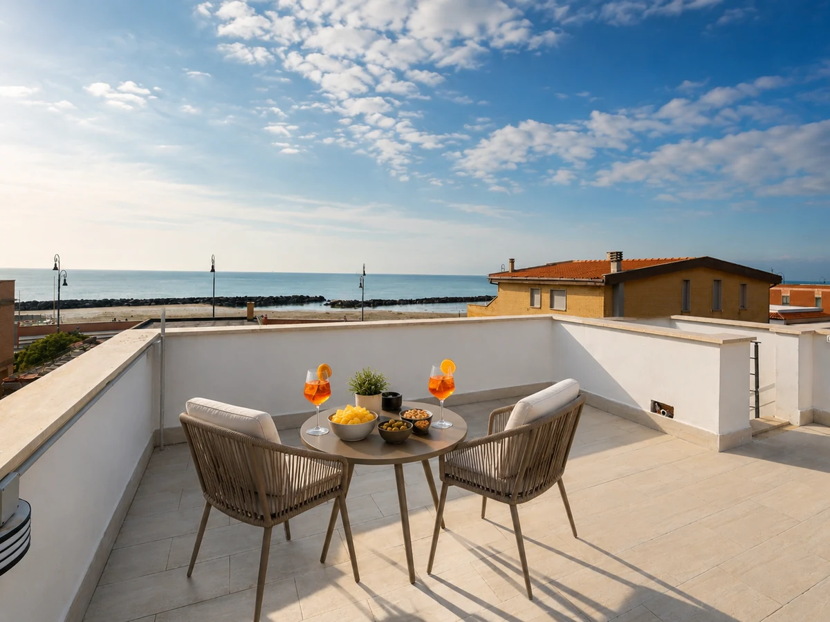 Aperitif set on Levante's sea-facing rooftop terrace