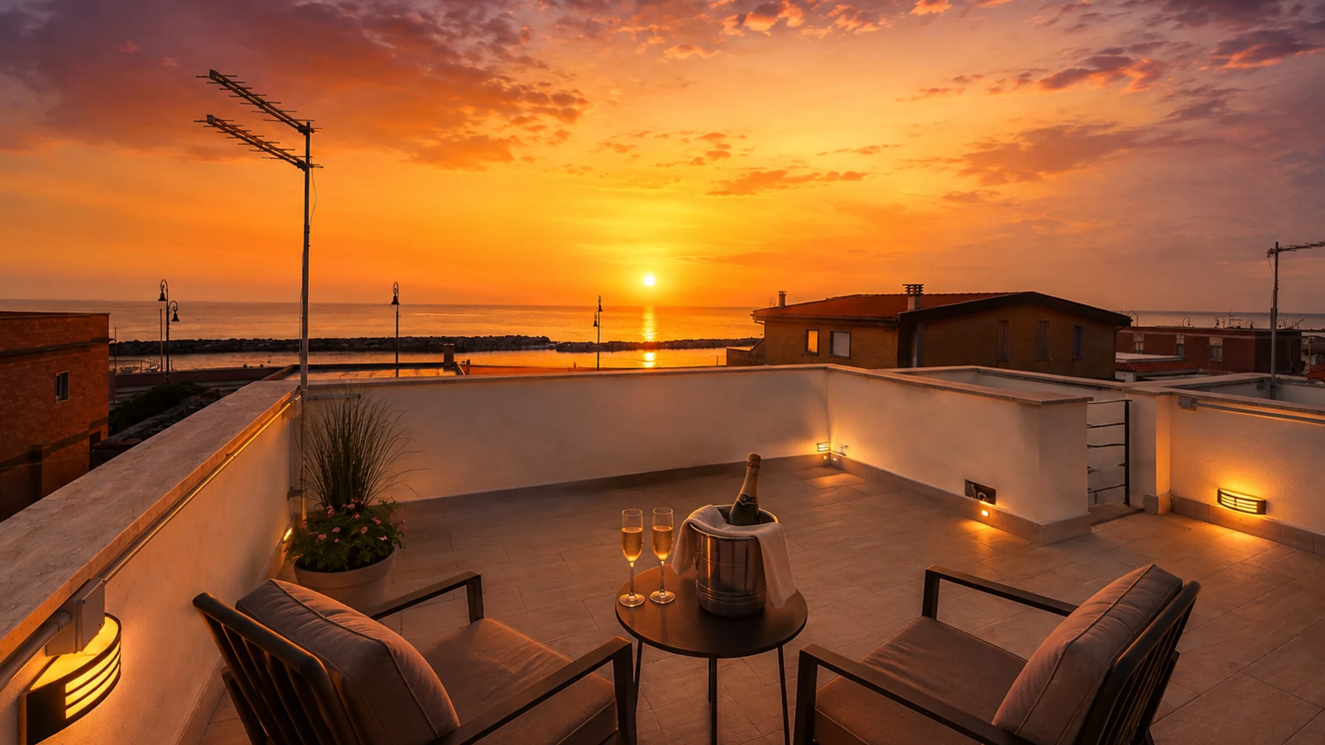 Sunset over the sea from the Casa dei Venti rooftop terrace with glasses and lounge chairs